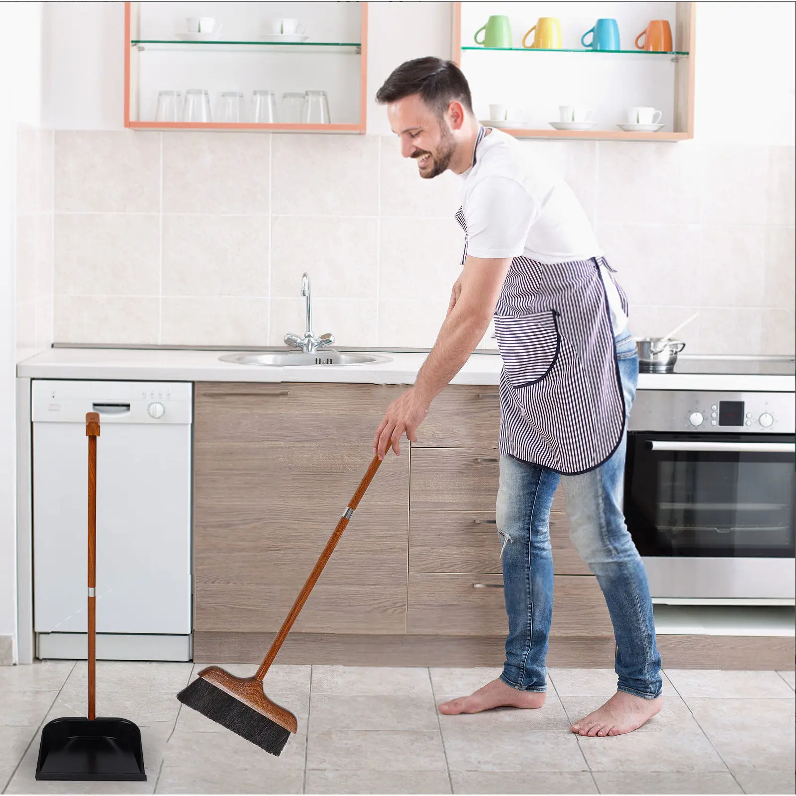 

Redwood Horsehair Broom Dustpan Set Long Handle Soft Bristles Wide Mouth Dustpan Rubber Lip Floor Sweep Indoor Outdoor