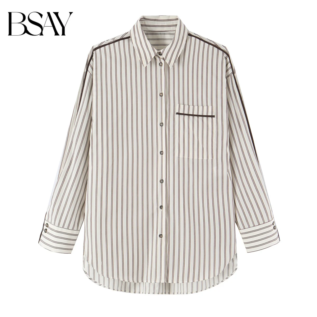 BSAY 2026 Retro Minimalist Women Contrast Trim Striped Shirt Lapel Collar Long Sleeve Loose Button Front Elegant Casual Blouse