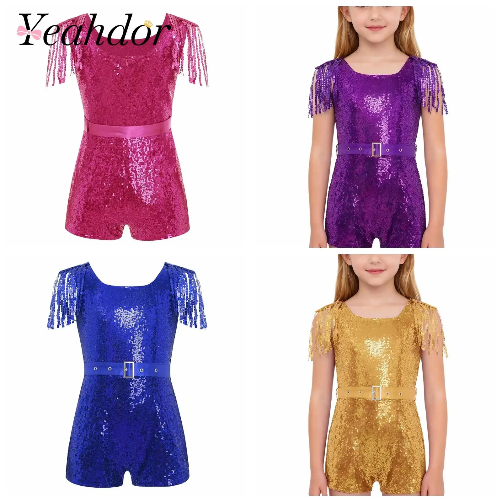 

Kids Girls Sequins Tassels Jumpsuit Shorty Unitard Shiny Party Romper Sleeveless Jumpsuit Disco Jazz Cha-Cha Dance Costumes