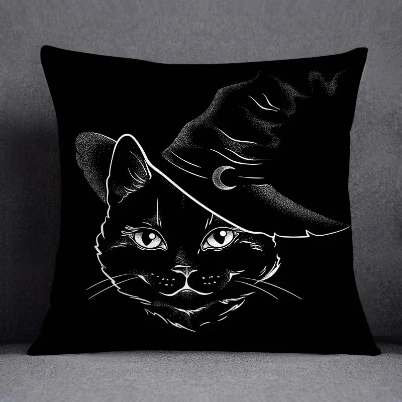 غطاء وسادة مزخرف من سلسلة القطة السوداء، وسادة سيارة لغرفة المعيشة وغرفة النوم وديكور المنزل باللونين الأبيض والأسود