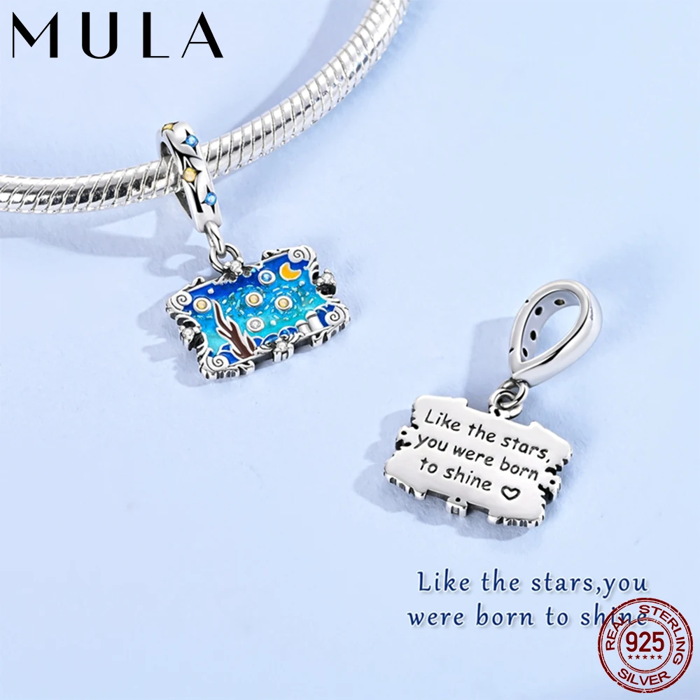Mula 1Pc New 925 Silver Van Gogh Starry Sky Painting Pendant Fit Original Snake Chain Charm Bracelet DIY Making Gift