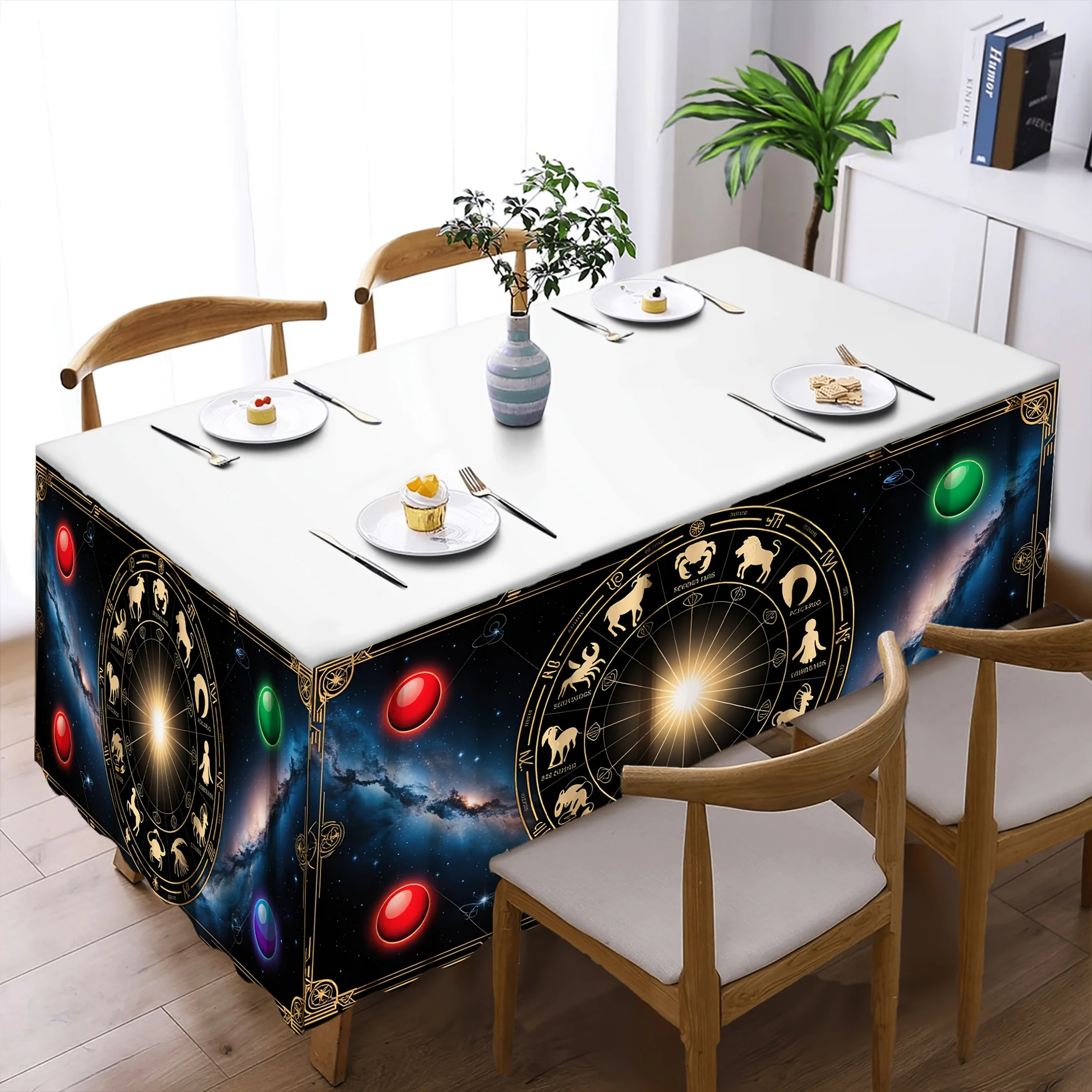 Twelve zodiac and constellation design pattern table skirts with curtain holes for easy hanging, suitable for home kitchens.