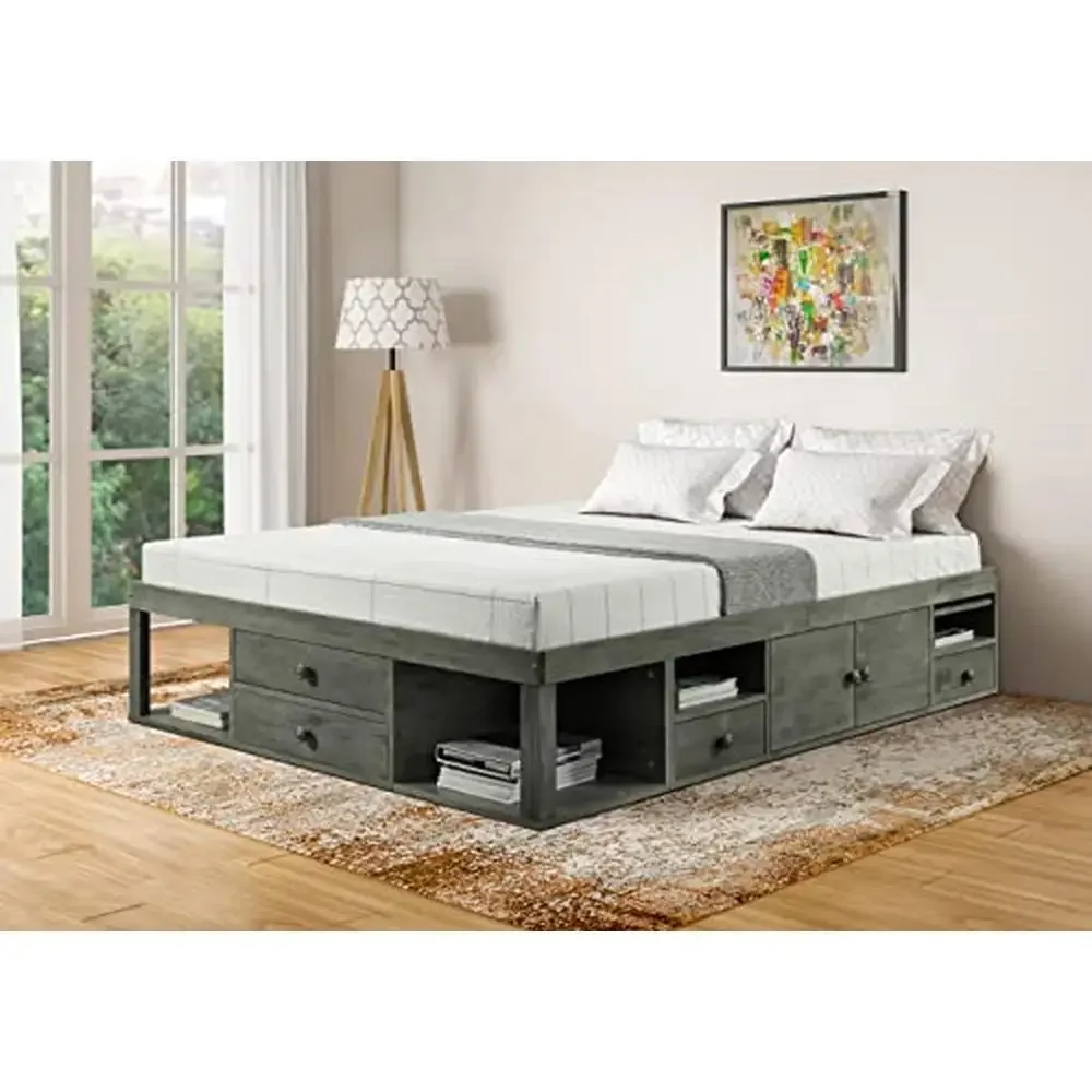 Solid Wood Gen-Z Storage Platform Bed with Dual USB & Power Outlets Queen Size Grey Galaxy Sleek Design Multipurpose Storage