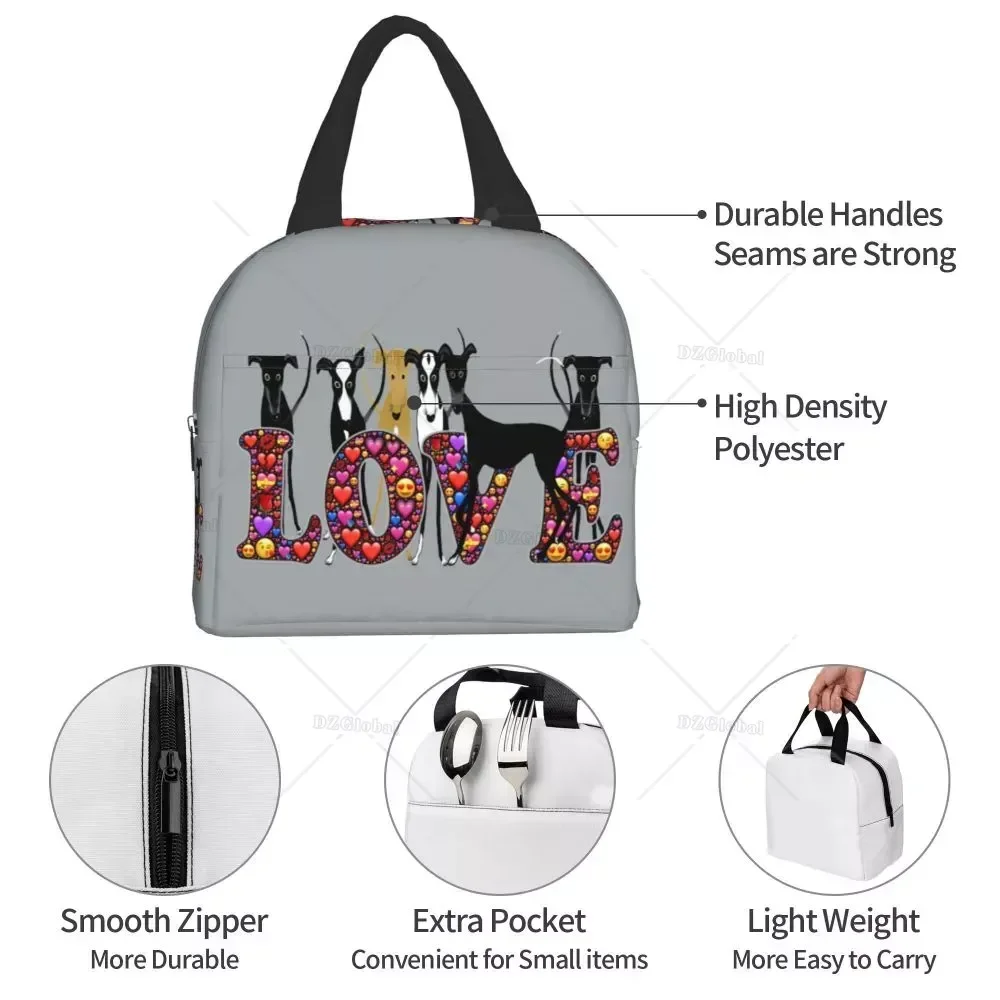 Love Hounds Lunch Bag for Women Outdoor Travel Cooler Thermal Insulated Bento Box Greyhound Whippet Dog Portable Lunch Bags