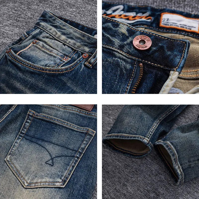 Fashion Vintage Men Jeans High Quality Retro Washed Blue Stretch Slim Fit Designer Jeans Men Red Line Selvedge Denim Pants Homme
