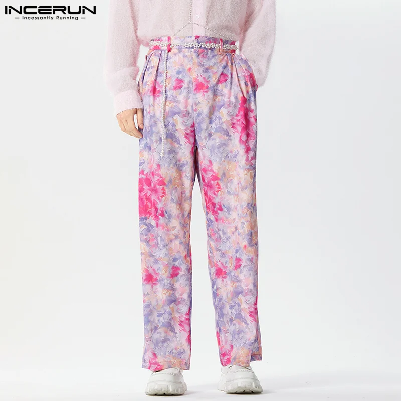 2024 Men's Straight Pants Flower Printing Button Joggers Korean Casual Trousers Men Streetwear Loose Fashion Pants S-5XL INCERUN