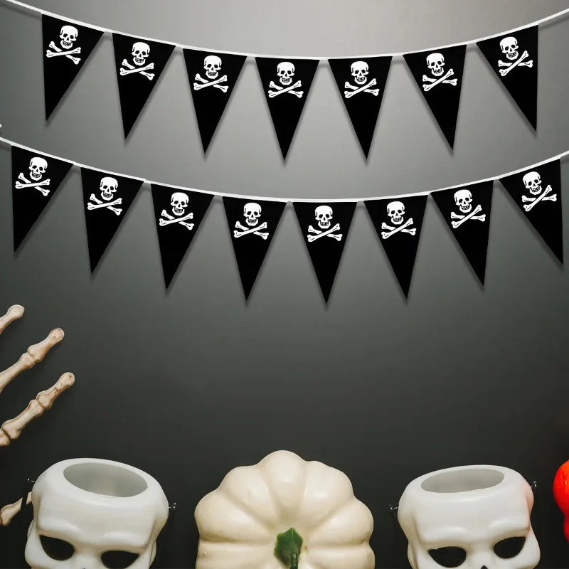 5M Halloween Pirate Skull Printed Hanging Triangle Flags Banners Backdrop for Pirate Theme Halloween Birthday Party Decorations