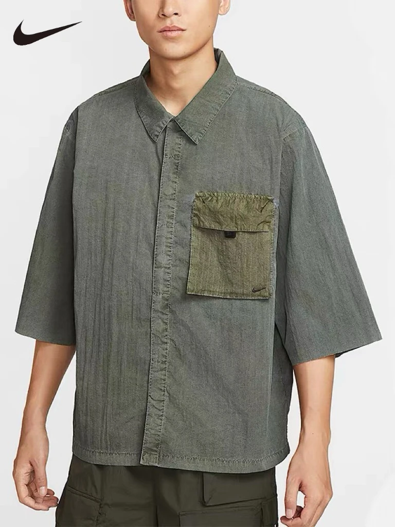 Camisa Nike Golf de manga 3/4 con cuello para hombre, camisa holgada vintage con bolsillo en el pecho, camisa deportiva informal ligera para uso diario HJ2955-355