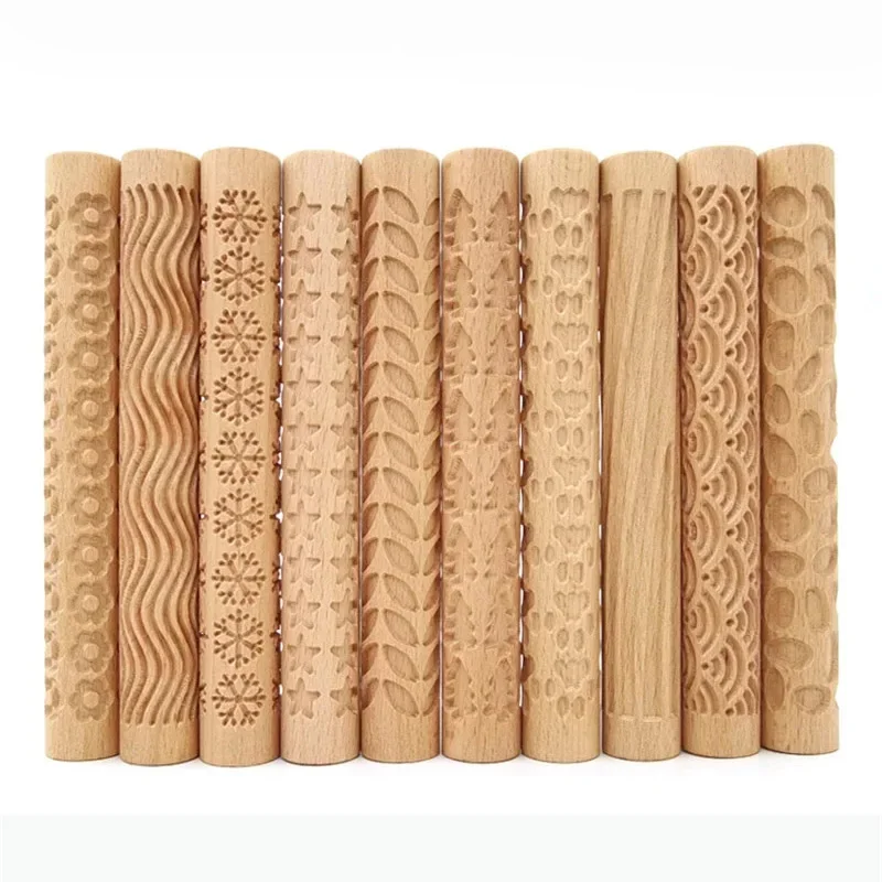 

Wooden Texture Rolling Pin Art Embossed Pattern DIY European Retro Flower Window Embossed Cookies Rolling Pin for Baking 3D Mold