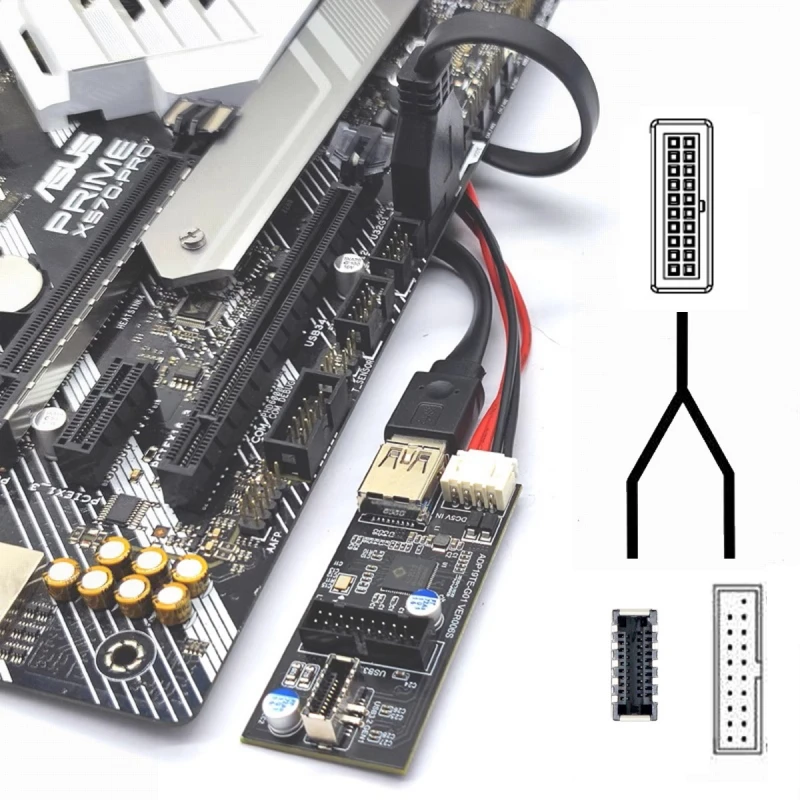 USB 3.0 Hub Adapter Single 19/20Pin Header to USB 3.0 20Pin & Type-E Dual Ports Female PCBA Type  Splitter HUB 5Gbps