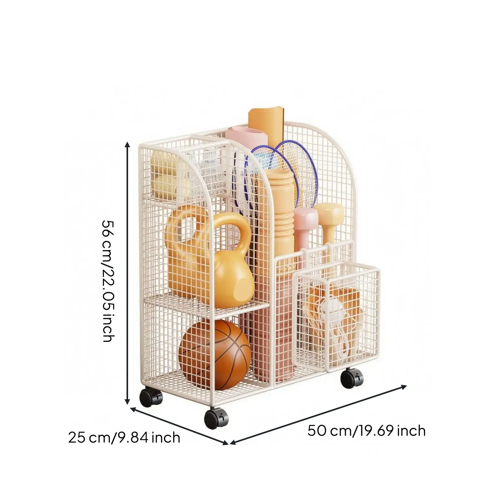 Multi Section Metal Wire Storage Cart for Sports Gear and Yoga Mats with Rolling Base for Home Fitness Equipment Organization view 5