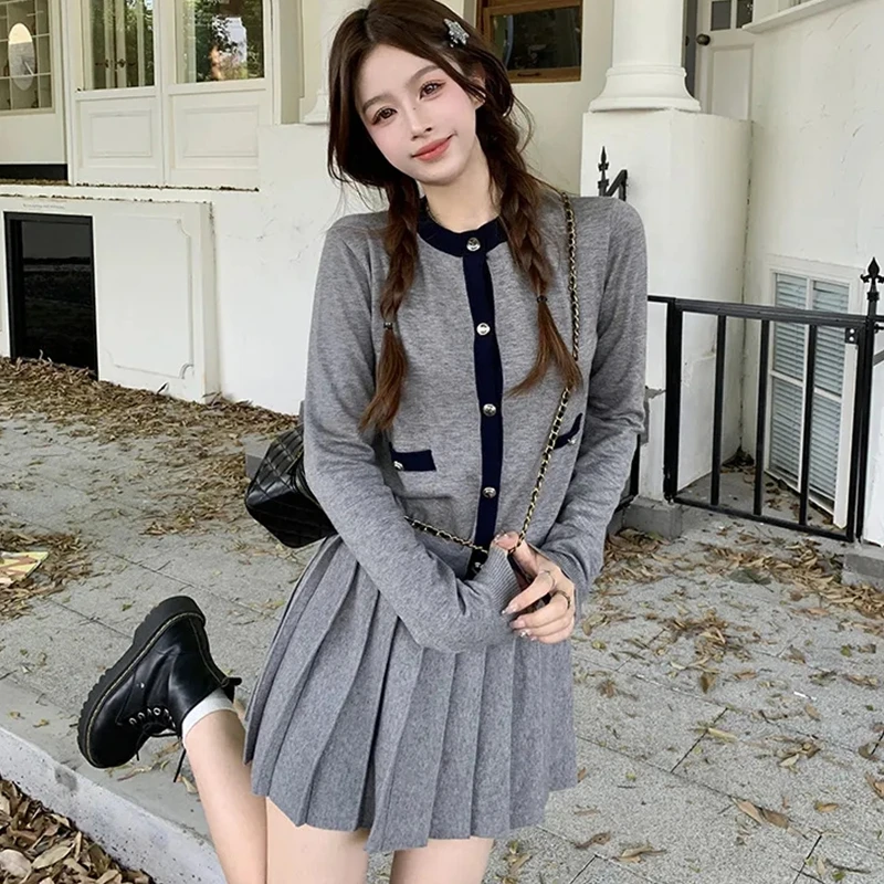 Women Spring Autumn Sweet Knit Matching Sets Japan Korean Preppy Style Thin Sweater Cardigan Mini Skirts Outfits Coat Skirt Suit