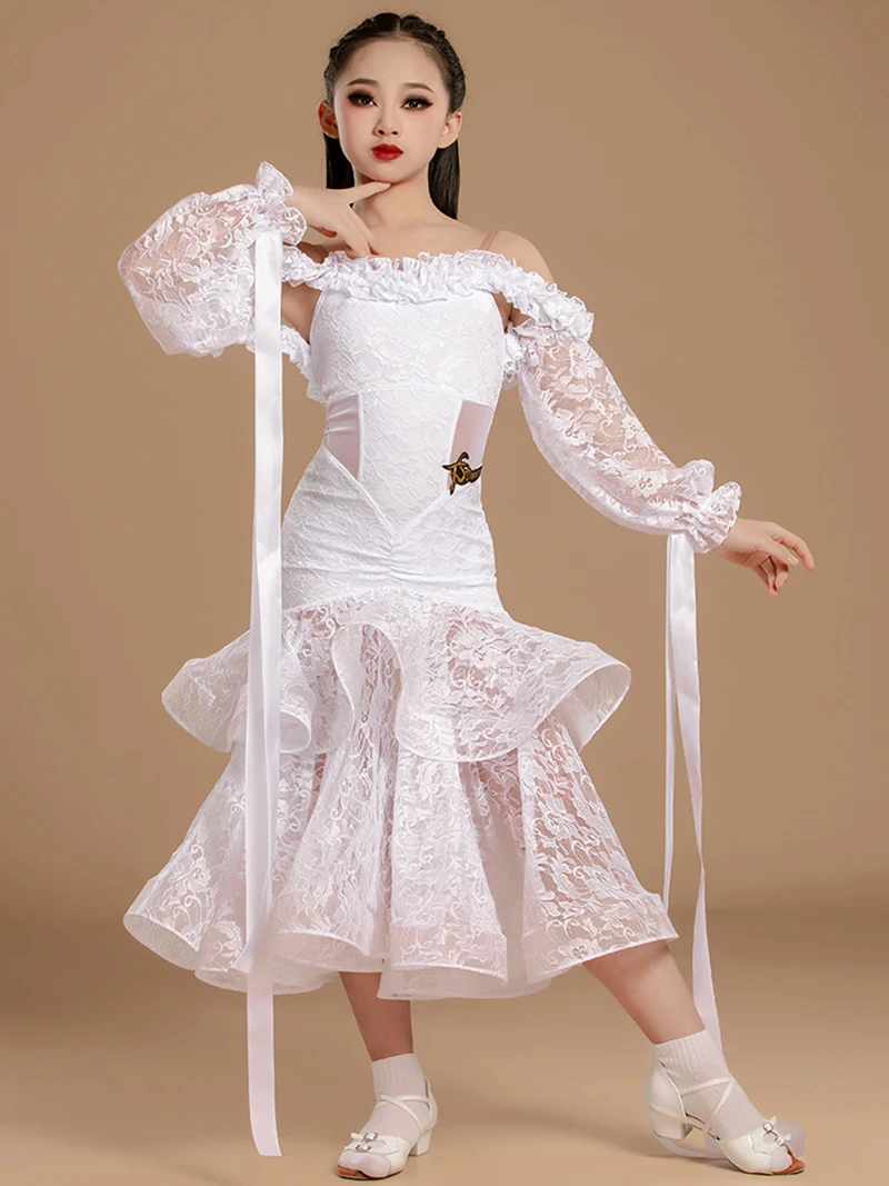 

Kids Girls Lace Modern Dancewear Pearl Splicing Top Waltz Social Dance Double Layered Skirt Ballroom Dance Competition Dresses