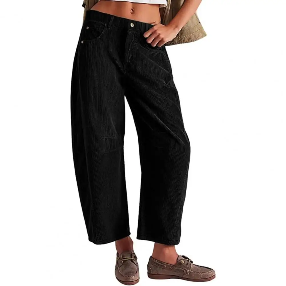 Thick Casual Women Corduroy Pants Elastic Waist Mid-rise Button Zipper Fly Wide Leg Vintage Slacks Pants