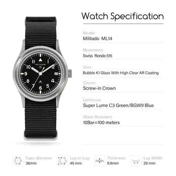 Militado ML14 36mm 手錶 VH31 秒針石英機芯手錶 藍寶石水晶超夜光 BGW9 C3 100公尺防水手錶 10 最佳銷售 男士軍表 - №6