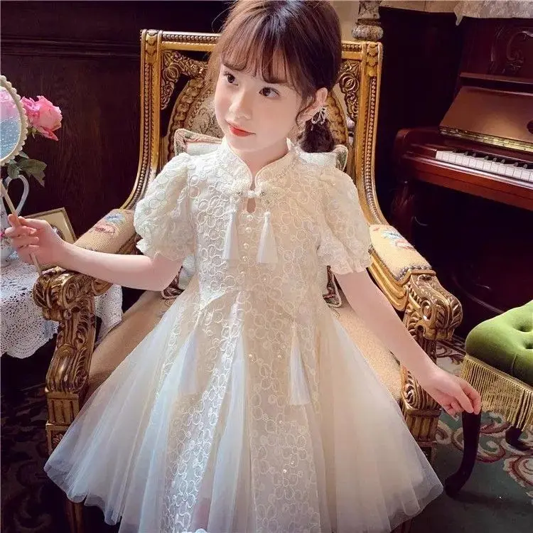 Girls Dress Cheongsam Retro Improved Skirt Outer Wear Birthday Party Lace Puff Sleeve Princess Dress Outfit Children's Clothing