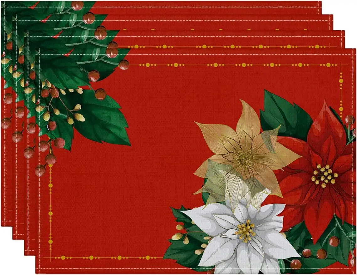 Christmas Poinsettia Placemats Set of 4 12 X 18 Inch Winter Red Table Mat Waterproof Washable for Seasonal Holiday Party Dining