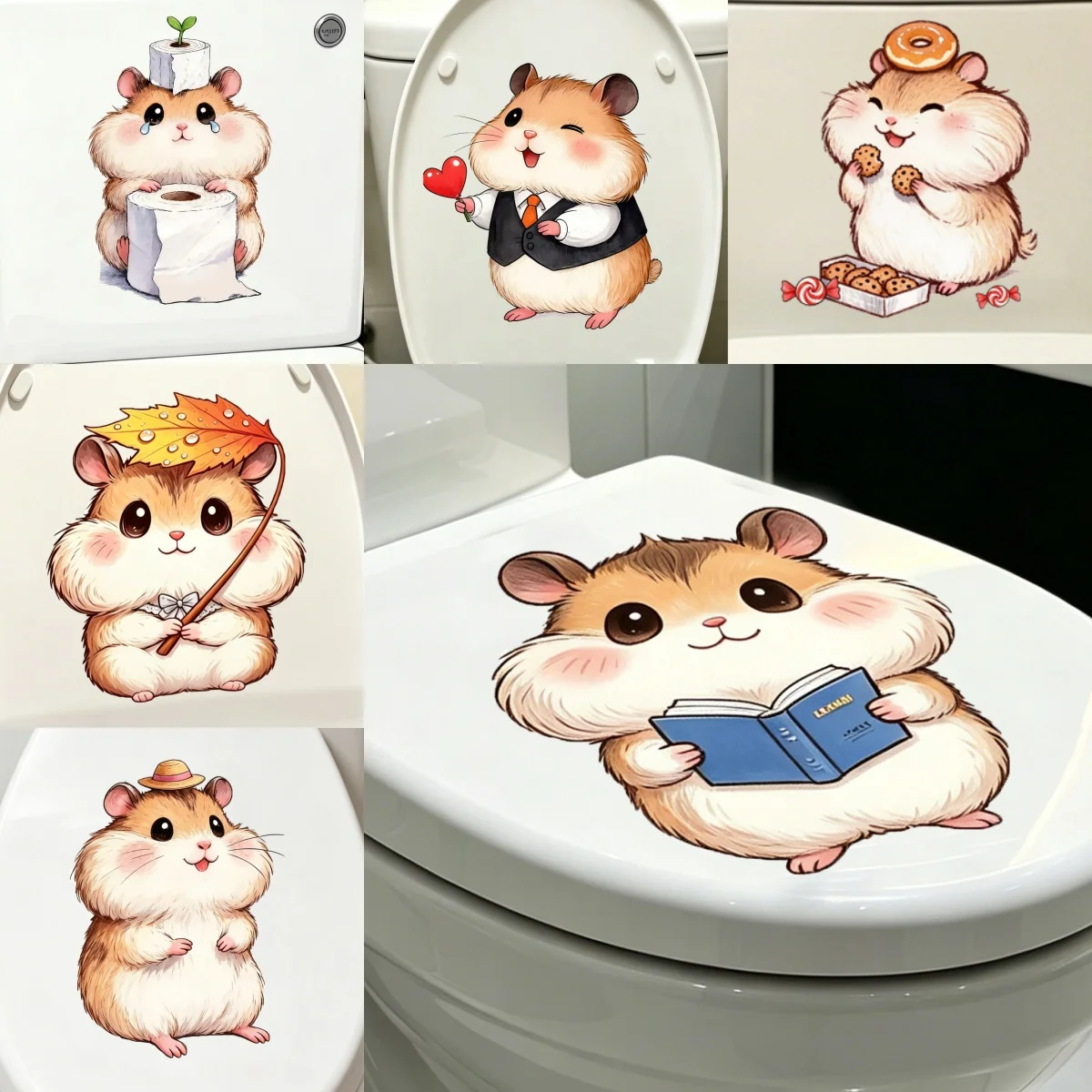 Watercolor Cute Hamster Toilet Lid Stickers Cartoon Hammy with Straw Hat Removable Bathroom Wall Decals Home WC Decor