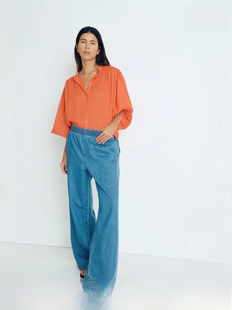 

H&M Women's Wide Leg Jeans Elastic Waist Loose Fit High Waist Long Pants Summer Fashion Lazy Style Cotton 100%