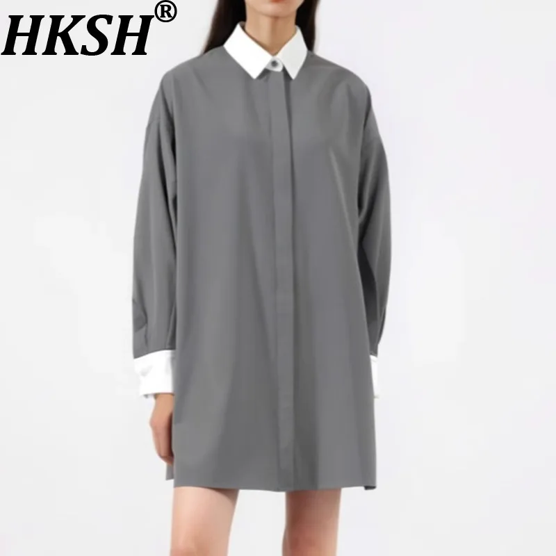 

HKSH Spring Autumn New Women Long Shirts Contrast Color Patchwork Turn-down Collar Single Breasted Elegant Casual Blouse HK11273