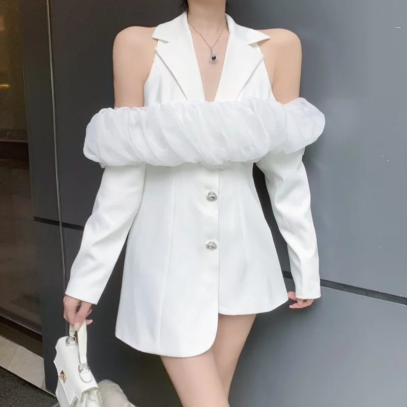 Spring Autumn Temperament Wrapped High Waist Long Sleeve A-Line Irregular Suit Sexy Off Shoulder White Dress Women