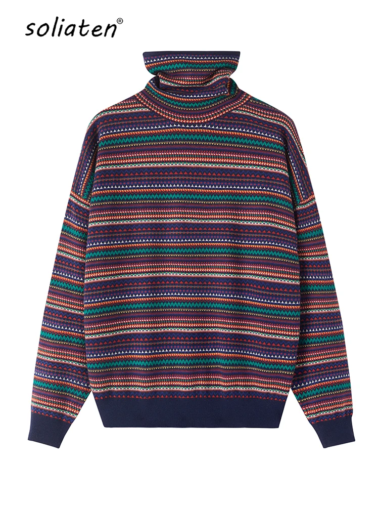 Retro Ethnic Style Turtleneck Cashmere Sweater Women Causual Colorful Striped Pullover Knitwear Wool Knitted Basic Shirt C-212