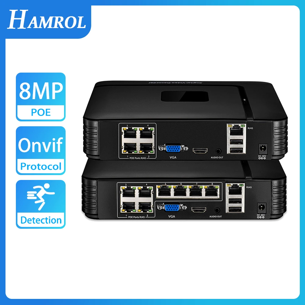 

HAMROL HD 4K 8MP POE NVR 4CH/8CH IEEE802.3af 48V POE Video Recorder IP Security System Face Detection H.265 Xmeye Remote Access