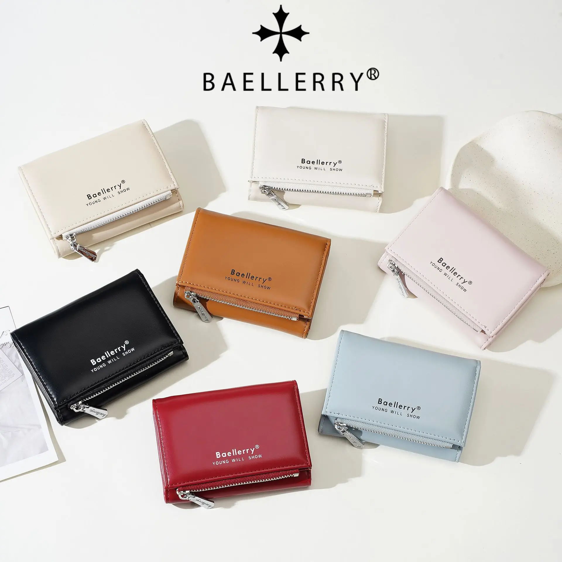 Baellerry Solid Trifold Wallet Women Soft PU Leather Multi Card Slots Zipper Coin Pocket Portable Lightweight Mini Credit Card H