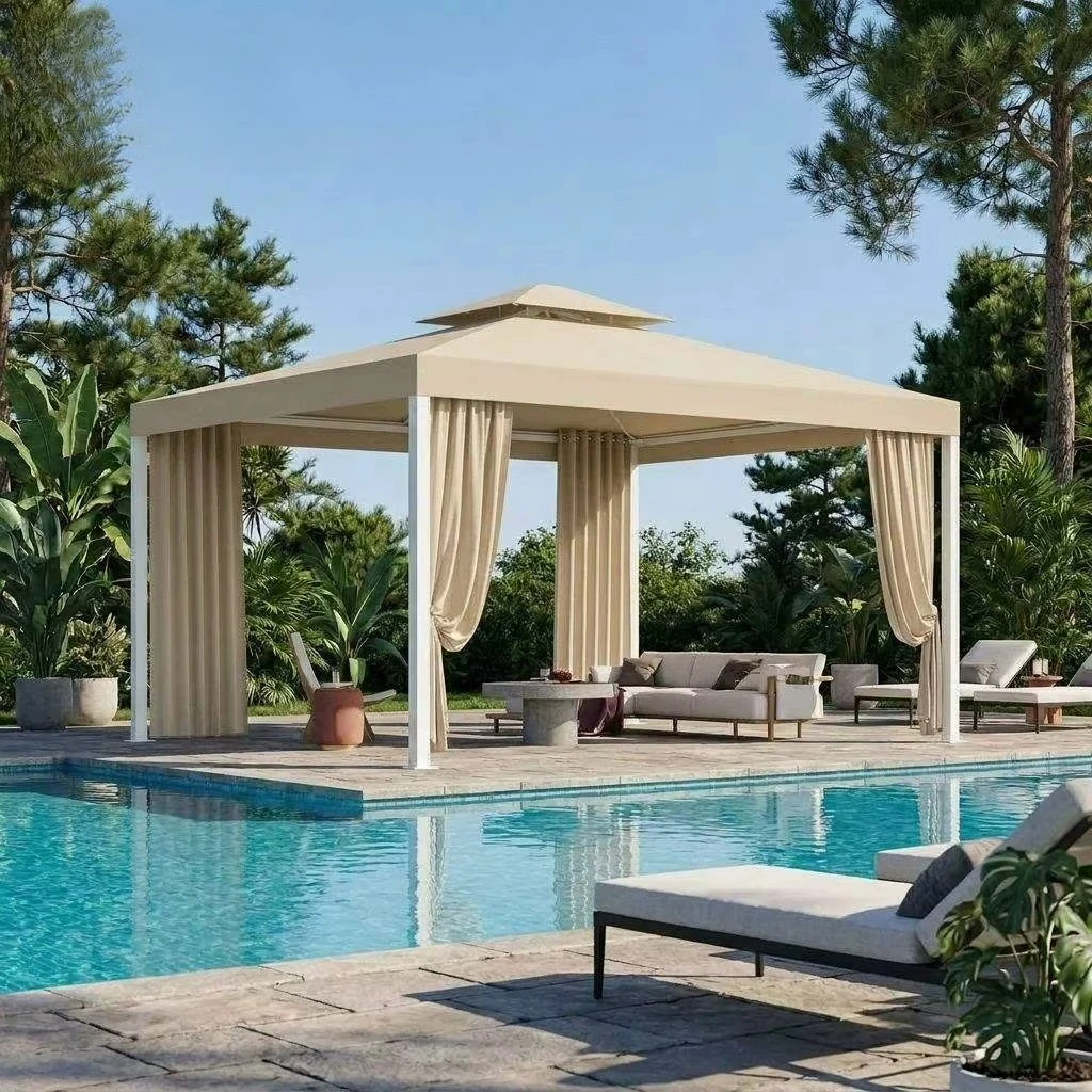Outdoor Waterproof Gazebo Beige Patio Canopy Tent with Side Curtains Sun Shade Shelter for Garden Backyard Pool Party