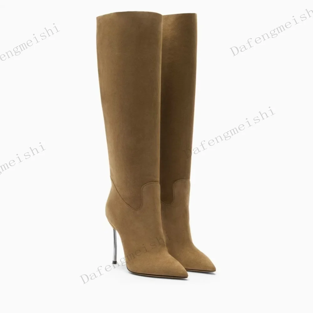Botas altas hasta la rodilla con punta afilada para mujer, de ante, con tacón de aguja metálico fino y caña ancha, elegantes, para fiestas de invierno, de moda, largas.