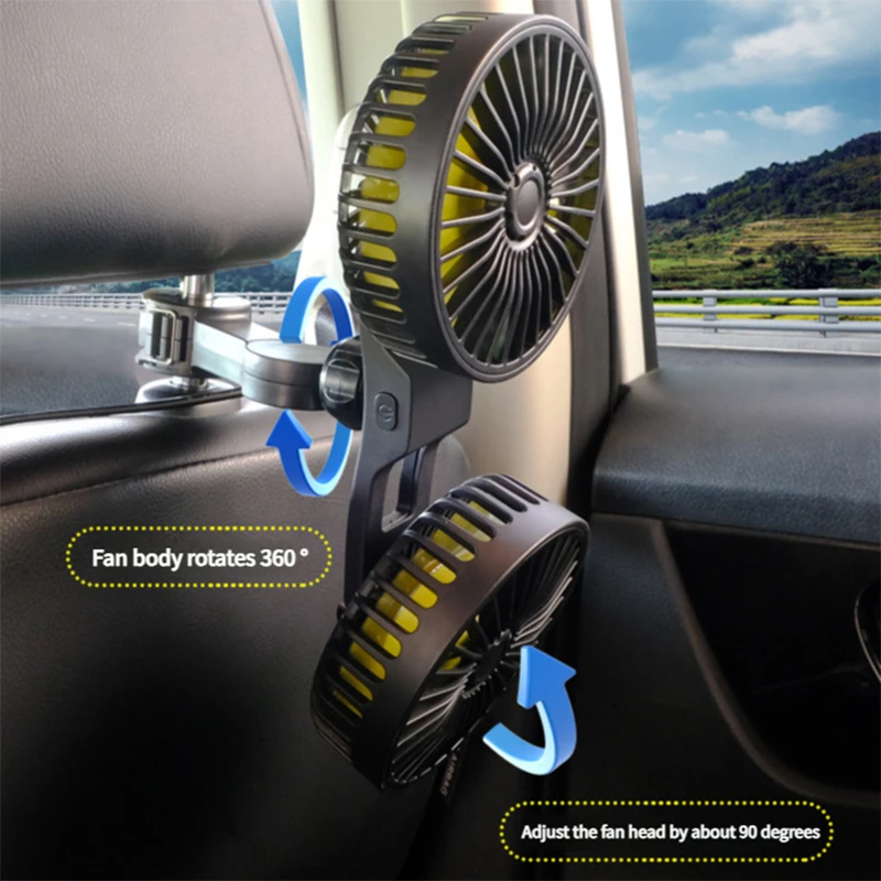 Silent Car Cooling Fan Dual-Head 360-Degree Rotation Headrest Fan Back Seat Air Circulation USB Electric Fan 3-Speed Strong Wind