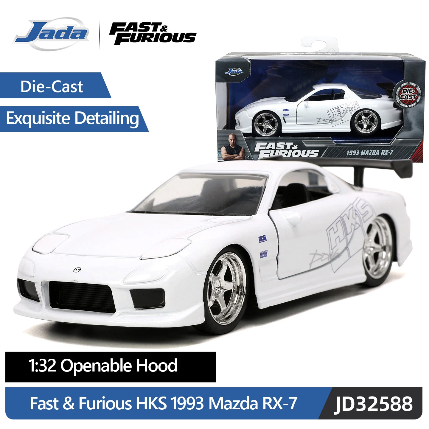 JADA Toys FF Series - HKS 1993 Mazda RX7-Free Roling | Glossy White | Window Box With J Hook 1:32 Scale DieCast Car JD32588