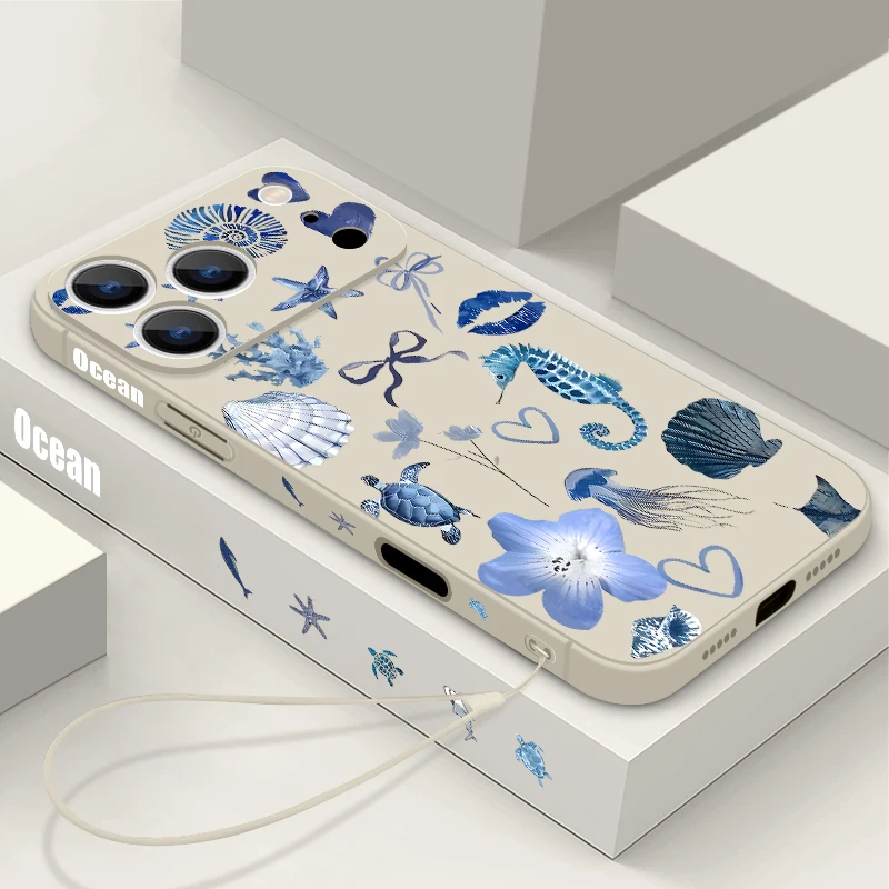 حافظة هاتف لهاتف آيفون 17 برو ماكس الأزرق فرس البحر السلاحف نمط الحبل غطاء لهاتف فوندا آيفون 16 برو ماكس 15 14 13 12 11 16e Air