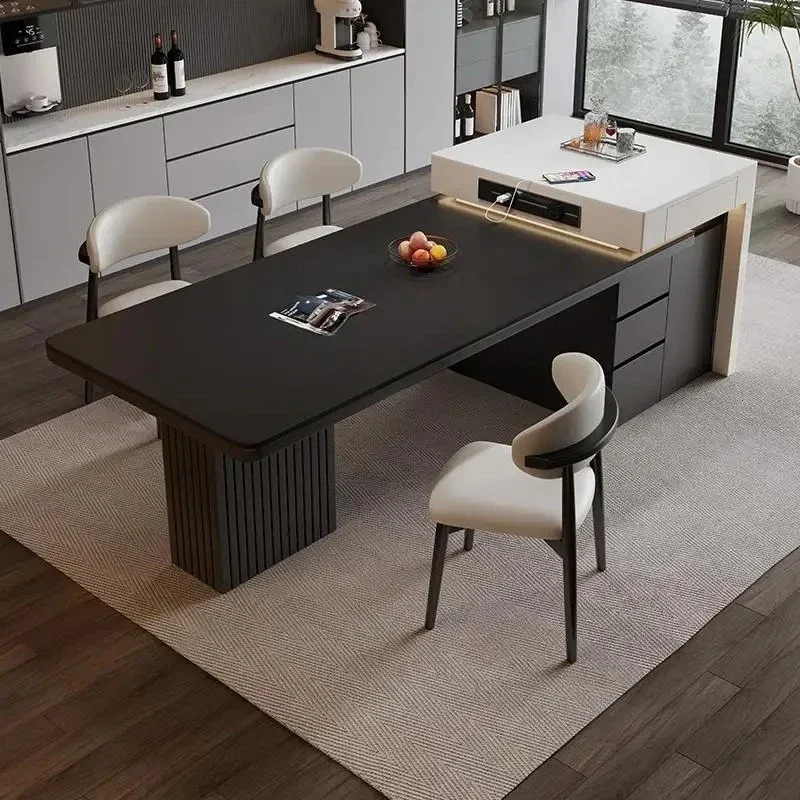 High-endrock slab island dining table integrated Italian light luxury household rock slab dining table retractable middle island