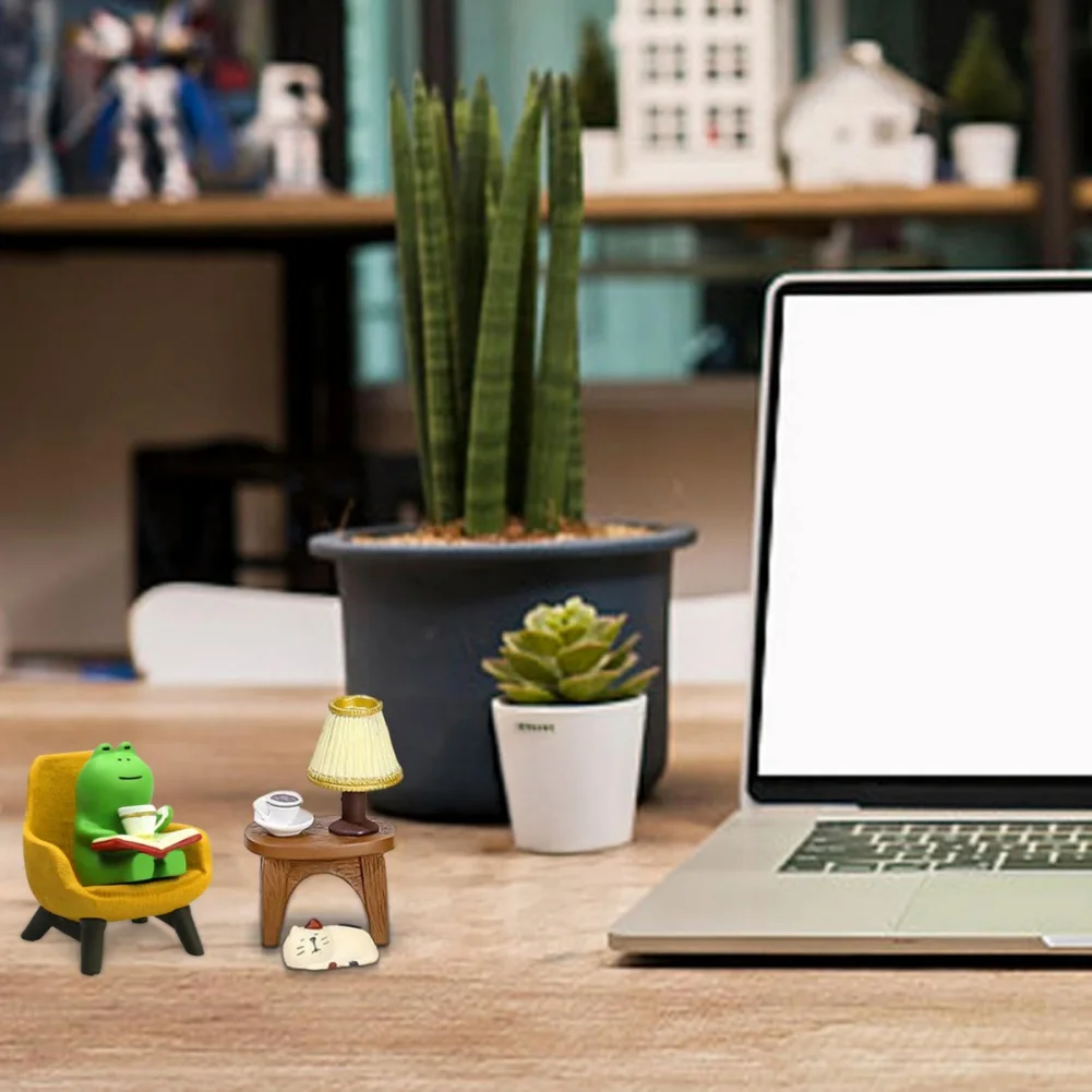 Cartoon Frog Cat Table Ornaments Home Decor (Sleeping Cat + Coffee Frog + Table + Yellow Sofa)