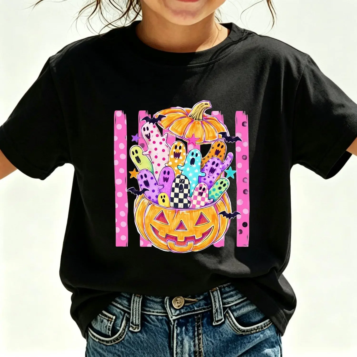 Girls T Shirts Halloween Clothes Summer Casual T Shirt Cute Halloween Graphic Tee Colorful Polka Dot Checkerboard Pumpkin Print Short Sleeve Crew Neck Soft Breathable Tee Tops for Party Outfit