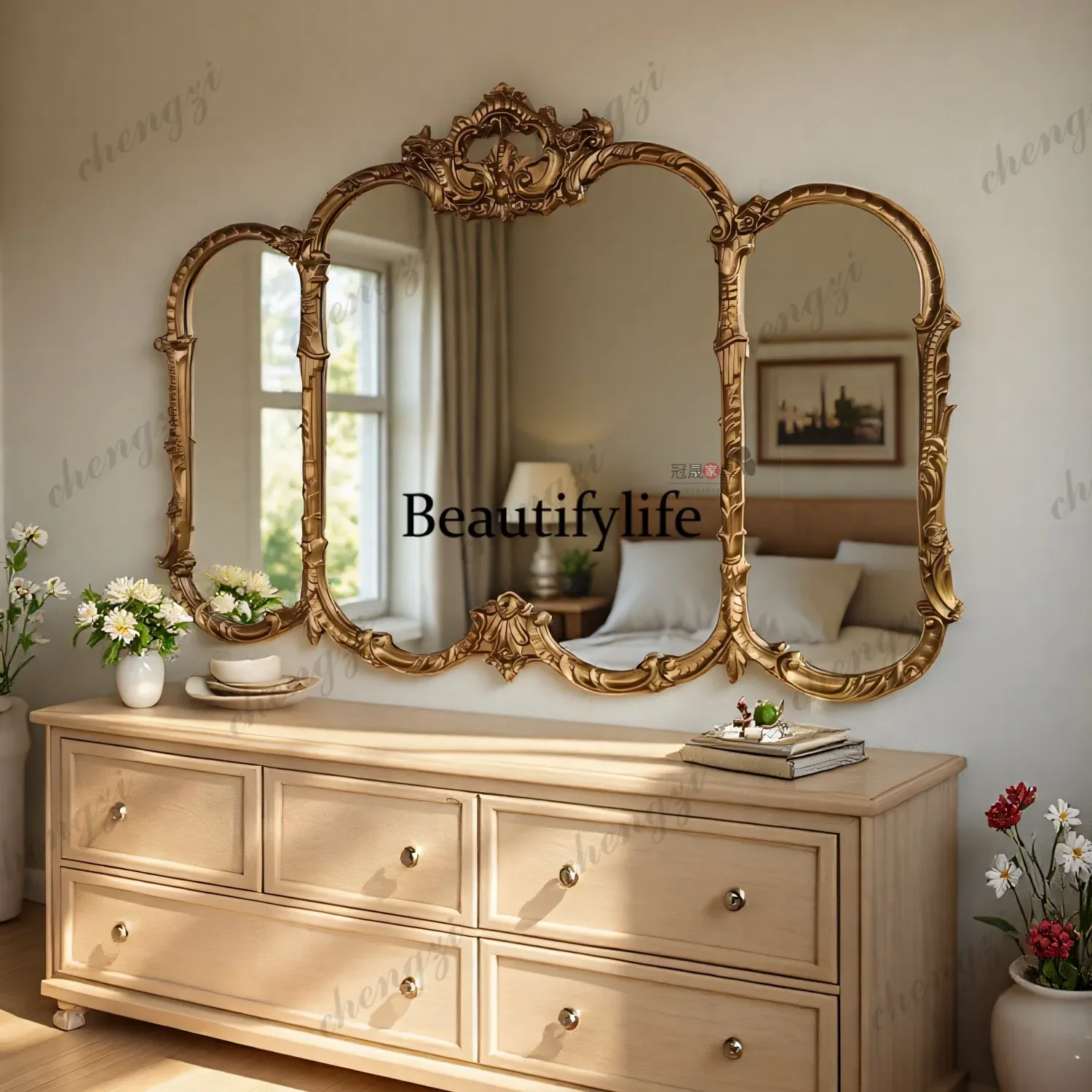 C178French retro makeup mirror, bathroom wall-mounted dressing mirror, carved porch background wall, three-sided decorative mirr