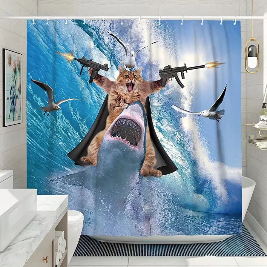 Funny Shower Curtain Cute Sea Cat Riding Shark Whale  Cartoon Animal Creativity Kids Bathroom Decor Polyester Fabric Cloth Hooks