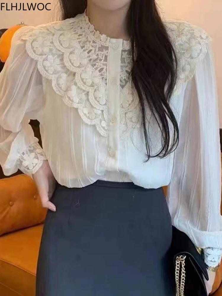 Korea Chic Tops Blusas Cute Romantic Office Lady Elegant Hollow Out Lace Shirt New Flhjlwoc Fashion Women Blouse