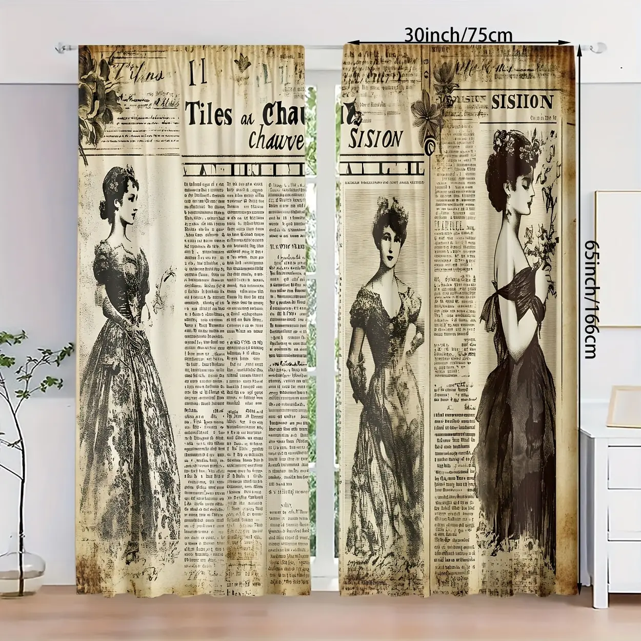2 pieces of Retro newspaper printed curtains, pole bag curtains 30*65, bedroom and living room, home decoration, room decoration