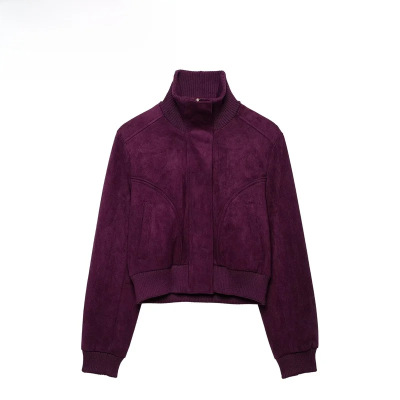 Fashionable Stand Collar Reversible Leather Effect Short Jacket for Women Versatile Stylish Windproof Polyester Fiber Zipper ...