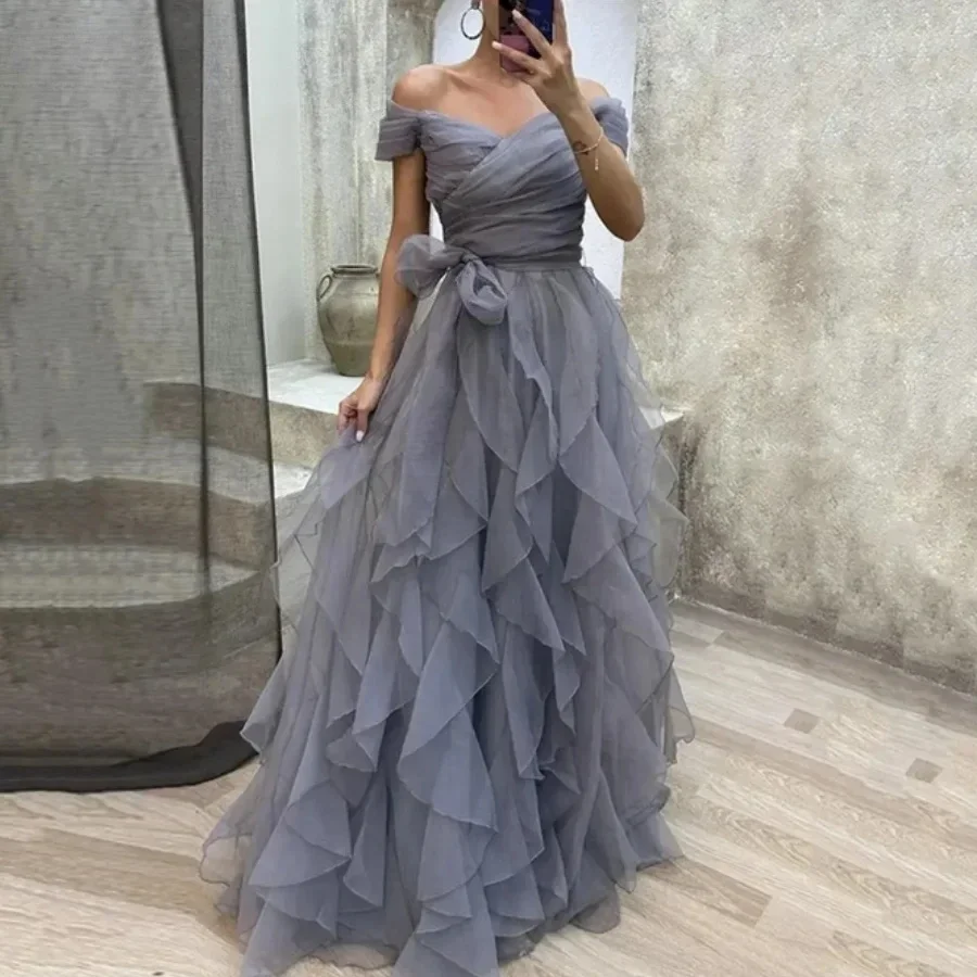 Modern Silver Prom Dress Off the Shoulder Multi-layer Tulle Long Evening Birthday Formal Party Gowns Pageant Robe De Soriee