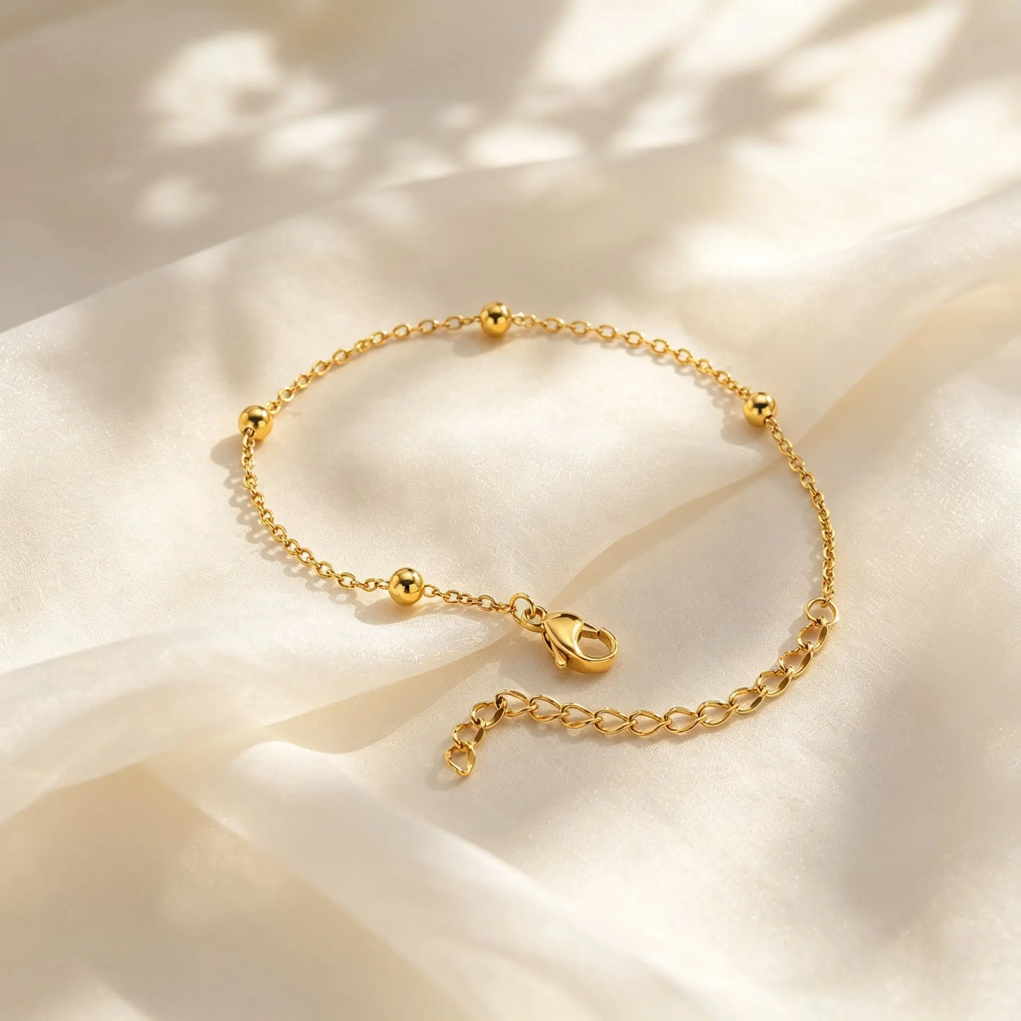 Simple Gold Plated Beaded Chain Bracelet for Women, Adjustable Stainless Steel Thin Chain Fashion Boho Layering Jewelry Gift