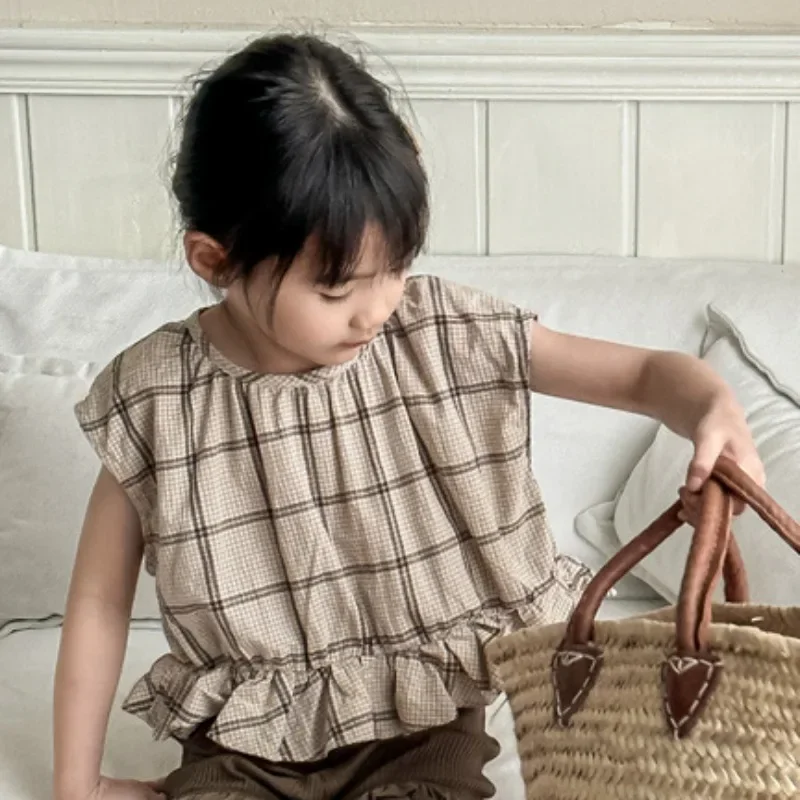 2024 Girls' Summer Checkered Sleeveless Shirt Korean Version Children's Clothing Baby Kids Lace Vest Top