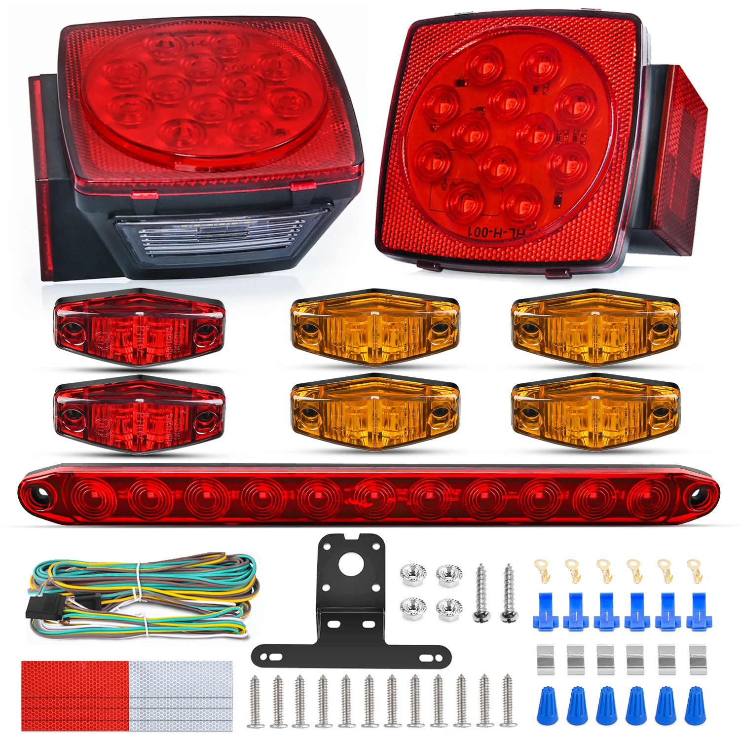 Nilight LED Trailer Light Kit Square Stop Turn Tail Red Amber Side Marker Lights Third Brake ID Bar for 12V Utility Boat Camper RV Trucks Marine Snowmobile | W/Third Brake ID Bar for 12V Utility Boat Camper RV Trucks Marine Snowmobile