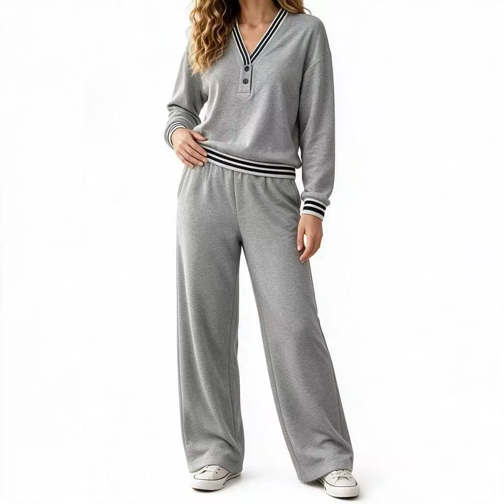 2026 Amazon Cross-Border Damen Herbst/Winter V-Ausschnitt Gestreifter Pullover und Weite Freizeit-Hose für Beine und Oberkörper – Detail 6