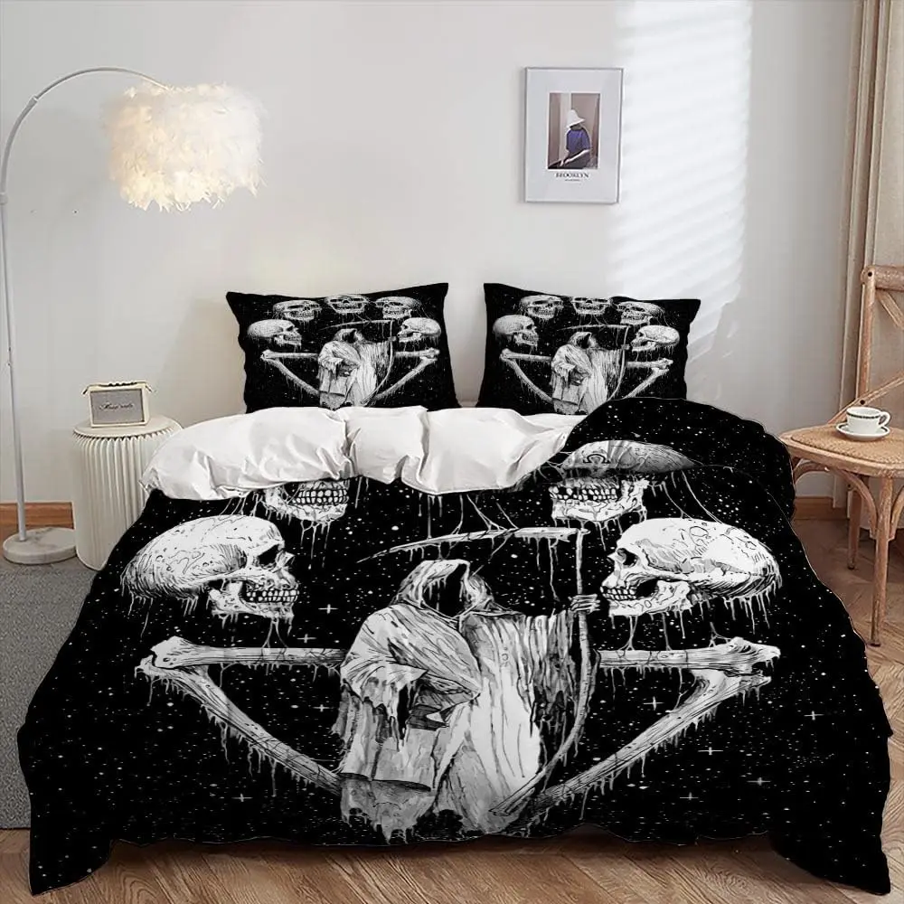 

King Size Skull Duvet Cover Set - Skeleton Theme Bedding 3 Piece with 1 Quilt Cover And 2 Pillowcases for Boys