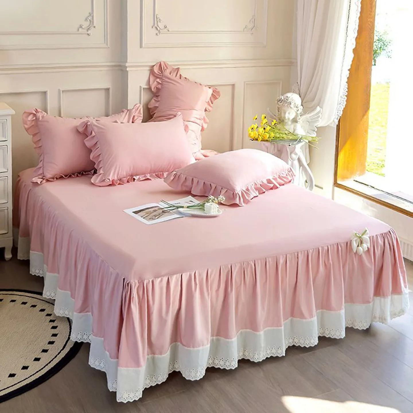 Bed Skirt Tencel Satin Patchwork Lace Bedspread, Single Piece Lace Cover Bedding Set, Bed Anti-Slip Mattress Protector