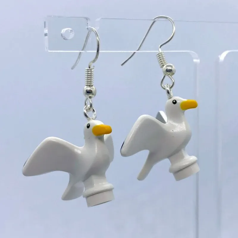 New White Seagull Building Block Model Drop Earrings Funny Plastic Bird Animal Handmade Jewelry Women's Earrings Gift for Her