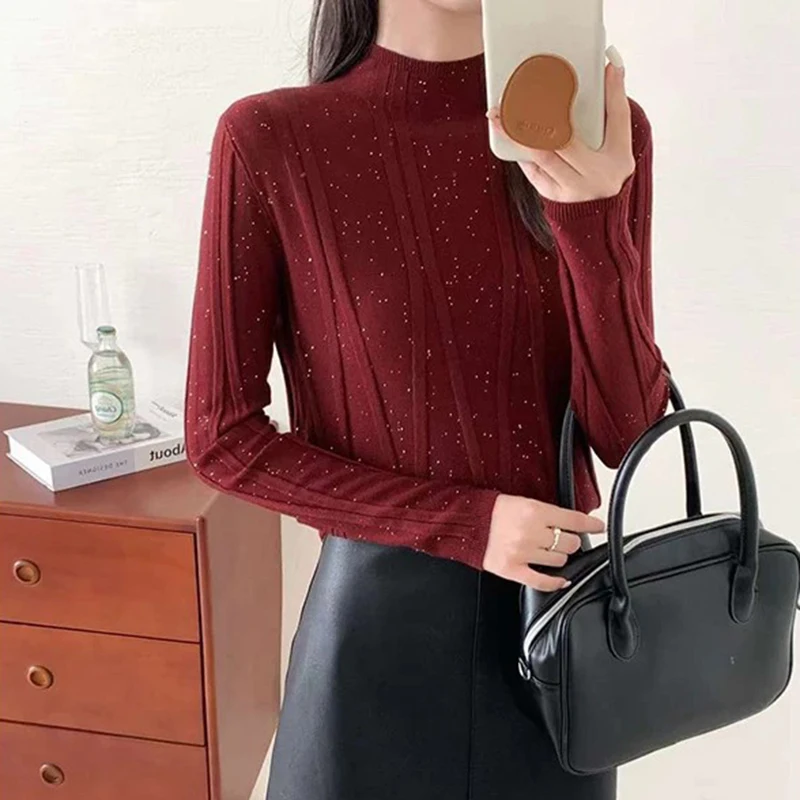 

High-grade Sequined Half-high Collar Long-sleeved Knitted Sweater for Women Autumn New Gentle Style Slim Fit Bottoming Sweater